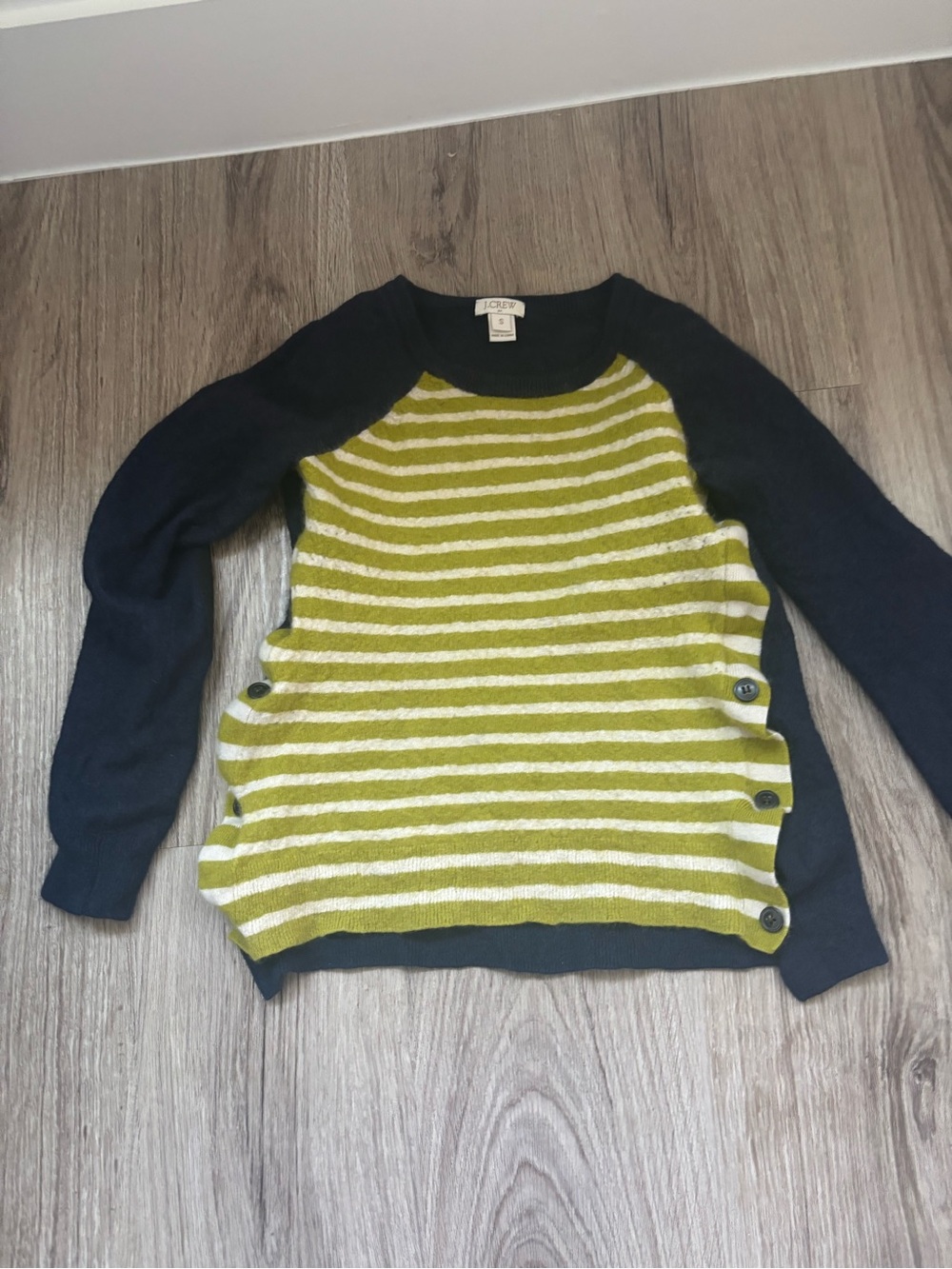 J. Crew Factory Olive Green & White Striped Sweater with Navy Raglan Sleeves